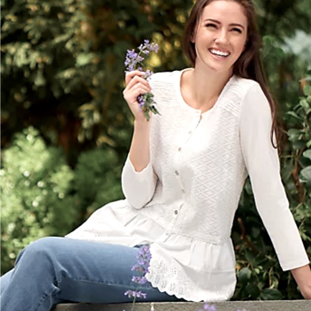 Logo Lavish, lace & embroidered tunic with eyelet hem and long sleeves. Size XS